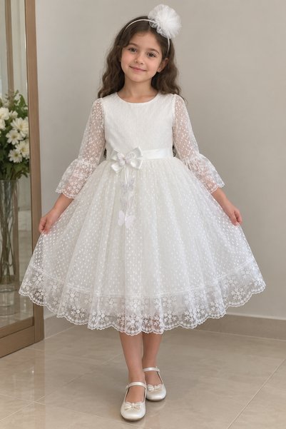 MİSS RONA KİDS Mi̇ssronaki̇ds Girl's Dress, Knee-Length Model, Polka Dots, Lace, Buckle, Holiday Dress, White Color, Girl's Dress