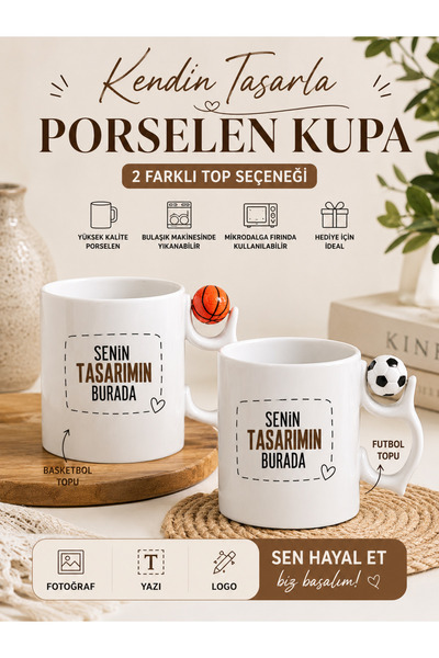 cekud tasarım baskı Kişiye Özel Top Kulplu Porselen Kupa Bardak | Basketbol &...
