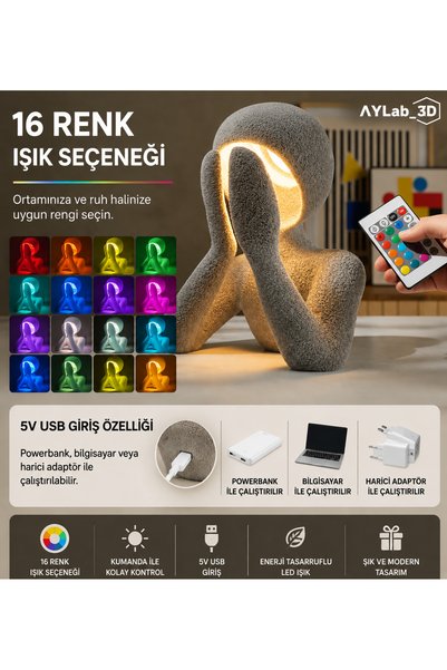 AYLAB3D Dekoratif Heykel Tasarımlı Düşünen Adam Gece Lambası 16 Renk Kumandalı RGB Ortam Lambası USB Masa Lambası Modern Hediye