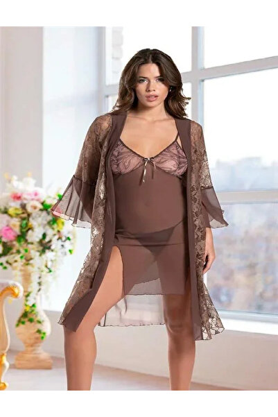 SS HOME CONCEPT Khaki lace embroidered tulle slit 2-piece nightgown set