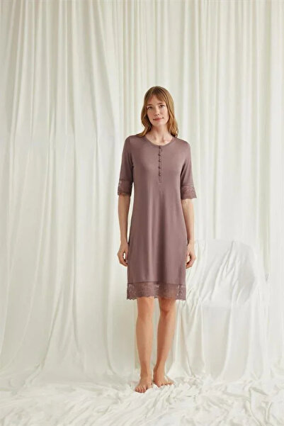 SS HOME CONCEPT Lace Detailed Short Sleeve and Button Front Nightgown