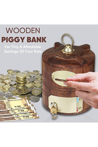 QUESERA Wooden Money Box for Kids, Gifting, Wooden Money Box with Lock Piggy ...