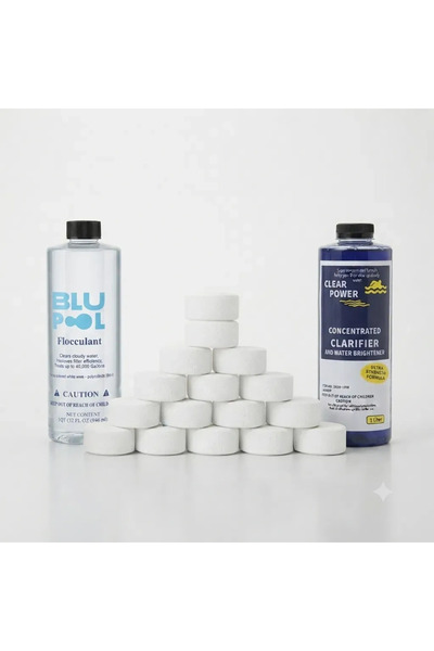 POOL بكج علاج عكارة المسبح الشامل (مرسّب Flocculant + أقراص كلور 3 كيلو + مصف...