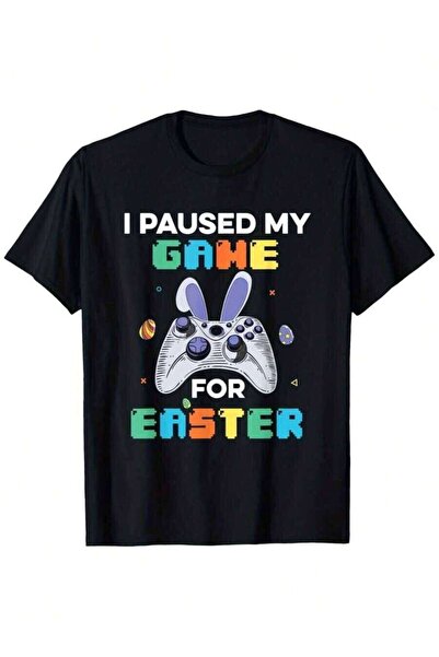 21JNRY تي شيرت رجالي مطبوع عليه I Paused My Game Bunny Egg Funny، ذو رقبة دائ...