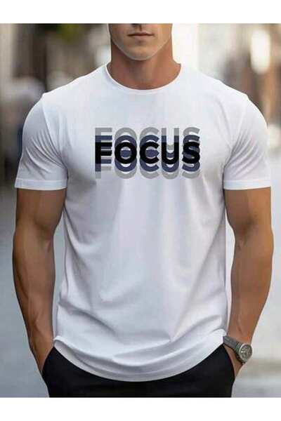 9JY تي شيرت رجالي من القطن 100% بتصميم FOCUS - ياقة مستديرة، مقاس عادي، قماش ...