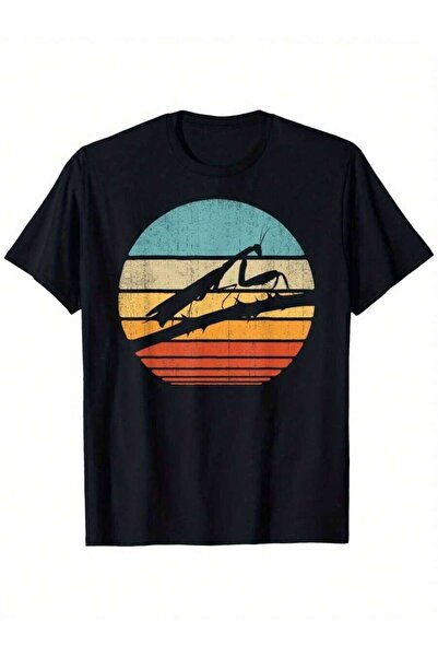 9JY Praying Mantis Retro Vintage 60s 70s Sunset Bug Insect Men Loose Style Ne...