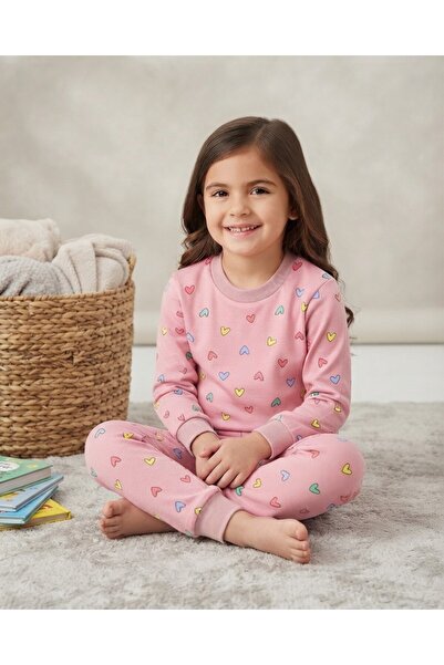 voyyo kids baby طقم بيجامة بناتي مطبوع عليه قلب وياقة دائرية للأعمار من 2-3-4...