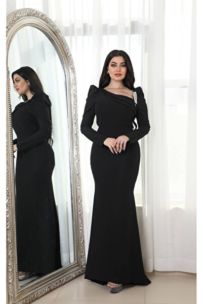FIRST STYLE فستان تركي أنيق باللون الأسود مزين بإكسسوار