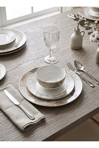 Trust 18-Piece Porcelain Dinner Set Beige/Silver, 6pcs Dinner Plate 10.5 inch, 6pcs Side Plate 7.5 inch, 6pcs Bowl 5.5 inch