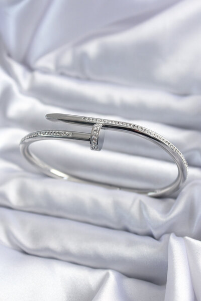 Lisinya 316L Steel Silver Color Nail Model Zircon Stone Detail Women's Bracel...