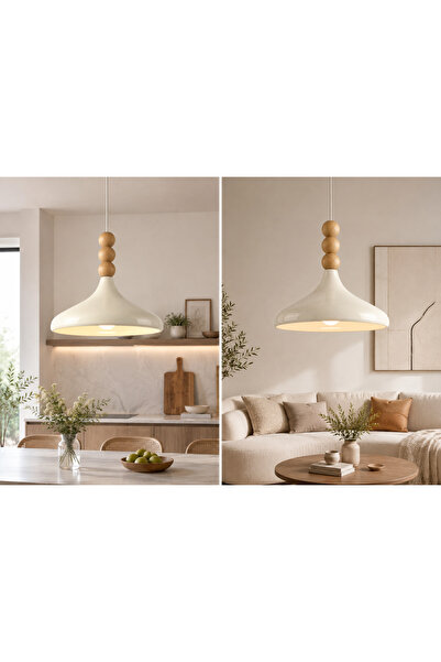burenze Melrose Modern Tasarım Ahşap Detaylı Sarkıt Avize Boheme Iskandinav Tarz Krem Metal 35 Cm