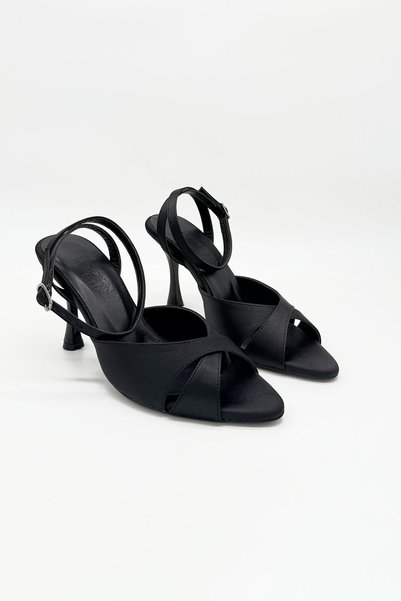 LORENN SHOES Linda Black Satin Ankle Belt Detailed Cross-Strapped Women's Thin Heeled Shoes