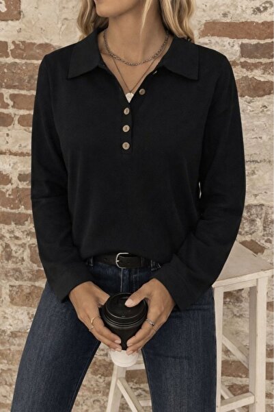 Generic Brand Women's Long Sleeve Collared Buttoned Loose Waffle Blouse