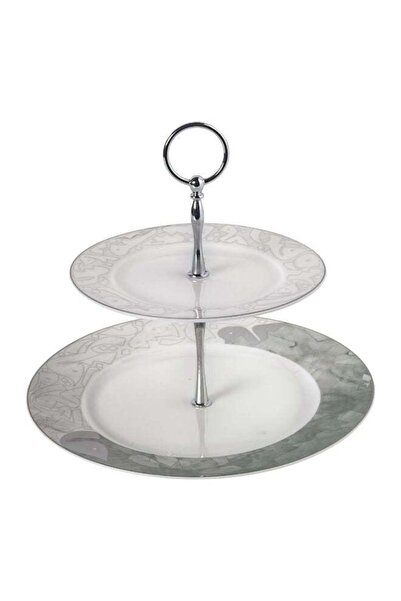 Trust 2-Tier Porcelain Cake Stand Olive Green/Silver, 1pc Dinner Plate 10.5 i...