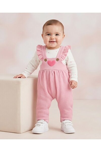 Ege Bebek Baby Girl Heart Embroidered Salopet Jumpsuit and Underwear Set 6-9-...