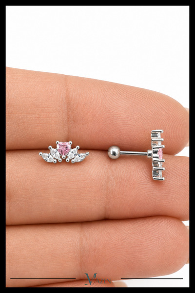MAZEN Pembe Taş Kavis Tragus Piercing Çelik Gümüş Renk Kalp Taş Detaylı
