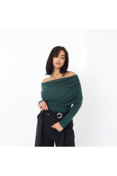 2TRENDY Women's Off Shoulder Ruffle Long Sleeve Blouse Green