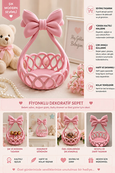 Aselhediyetasarımatölyesi 3D Fiyonklu Dekoratif Sunum Sepeti - Baby Shower, B...