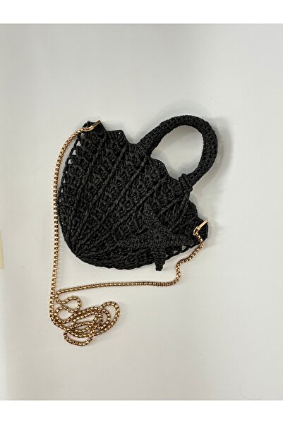 Beshora Leila Black Straw Weave Chain Strap Detail Women's Shoulder Bag