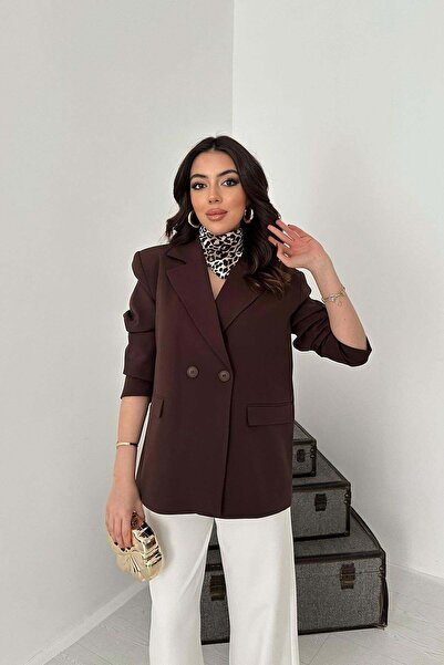 Clothes Fast سترة نسائية بنية اللون بأزرار مزدوجة وياقة كلاسيكية مبطنة وأكمام...