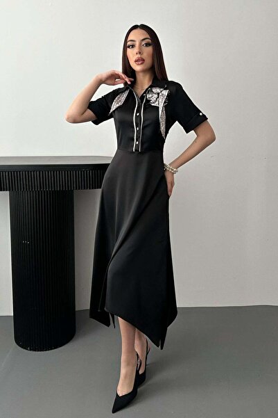 Moda Days Women's Black Scarf Collar Satin Midi Dress with Asymmetrical Hem