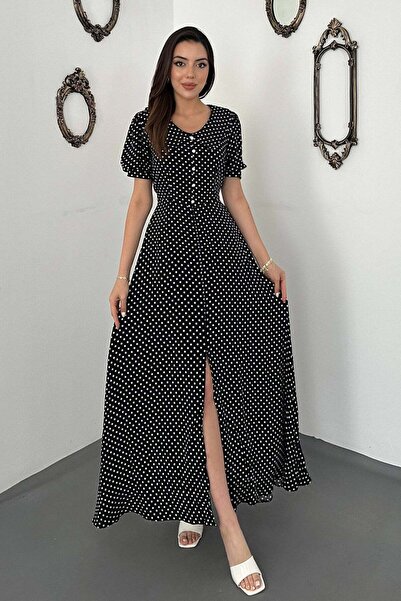 Clothes Fast فستان نسائي طويل منقط باللون الأسود بياقة على شكل V وأزرار وأكما...