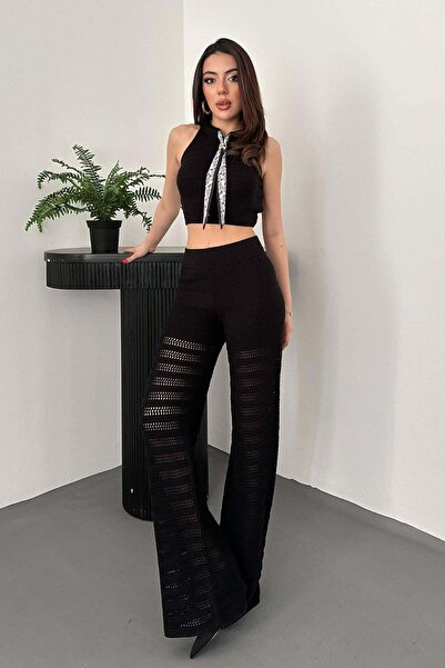 Clothes Fast Γυναικείο Μαύρο Σετ Πλεκτό (Μπλούζα & Παντελόνι) με Διάτρητο Κρο...