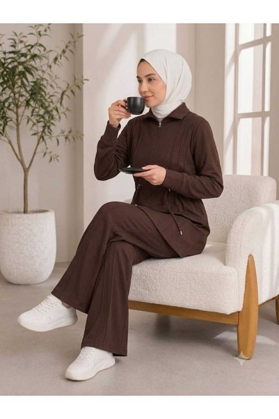 silarose Women's Zehra Dress Modal Fabric Comfortable Fit Two-Piece Islamic Tunic Set Bottom Top Zippered Pants with Pockets Wide Legs Elastic Waist