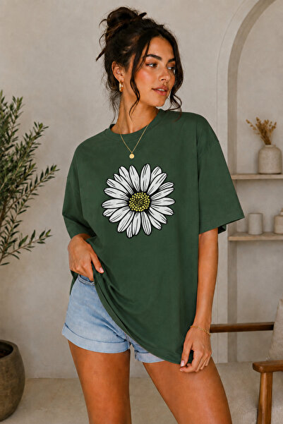 FECCY Tricou supradimensionat pentru femei, cu imprimeu Premium Big Daisy, di...