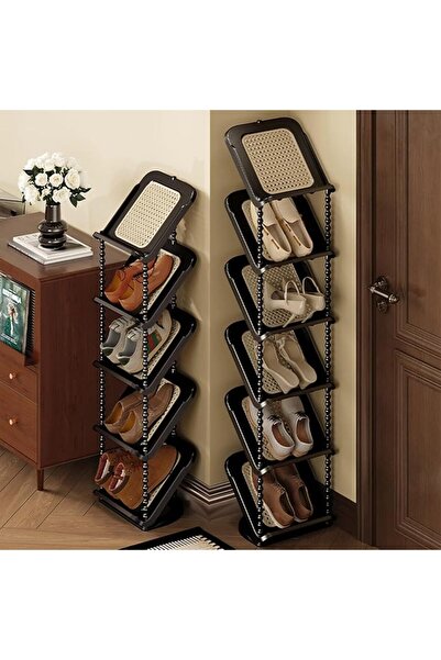KASTWAVE Retro Rattan Vertical Shoe Rack, 4-Tier Free Standing Shoe Storage C...