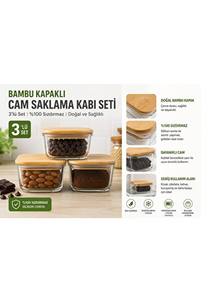 Evince Premium 3'lü Bambu Kapaklı Cam Erzak Saklama Kabı Silikon Contalı Sızdırmaz