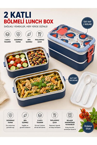 Vagonlife VGN-6748 Mavi 700 ml 2 Katlı Paslanmaz Çelik Lunch Box Beslenme Kabı