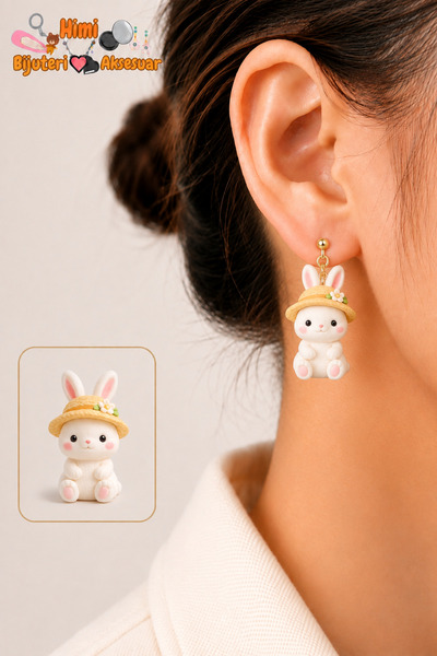 himi bijuteri aksesuar Cute Rabbit Figured Earrings with Straw Hat and Flower...
