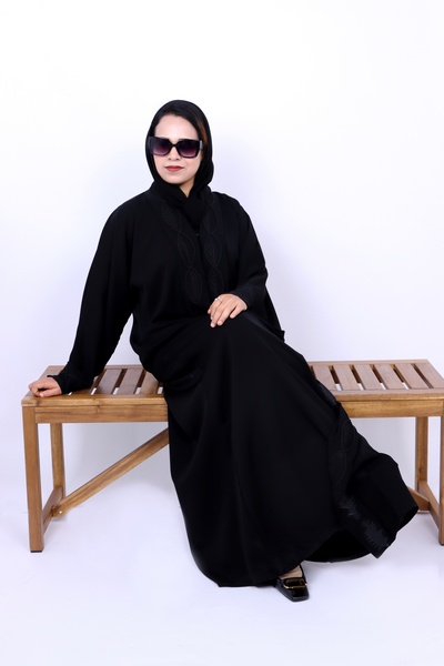 Izzah Bella Izzahbella Women's Black Front-Open Abaya with Elegant Leaf Embro...
