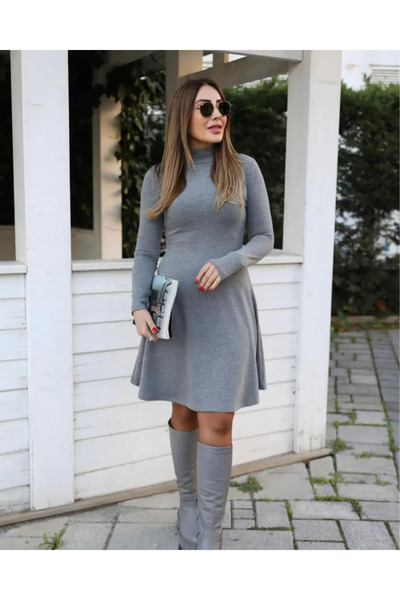 Şeker Portakalım Women's long sleeve turtleneck loose blades acrylic dress