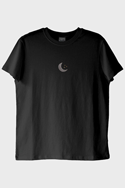 lofux Moon Pattern Embroidered Black T-Shirt - Valentine's Day Couple T-Shirts
