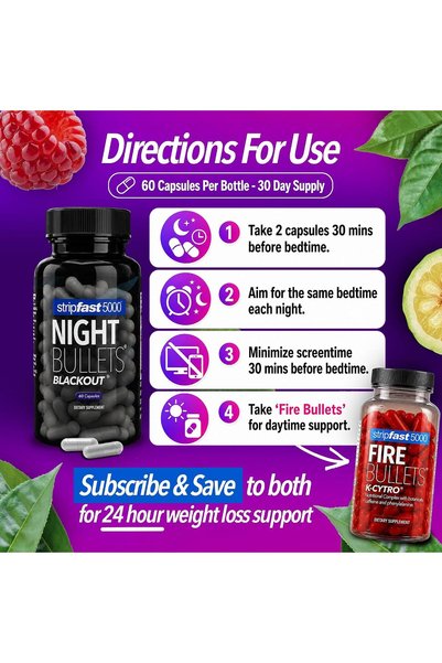 Stripe Night Bullets Weight Loss Pills for Women & Men, Stim-Free Nighttime , GLP-1 Support, Appetite Suppressant, Diet Pills with Ashwagandha & CLA, 60 Capsules