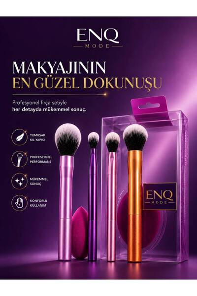 ENQ Professional Touch 5’li Profesyonel Makyaj Fırça Seti ve Makyaj Süngeri |...