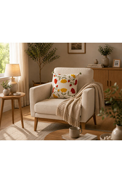 BLR- Bohem Çiçek Punch Nakışlı Dekoratif Kırlent Kılıfı 43*43Cm Pamuk Panama Keten