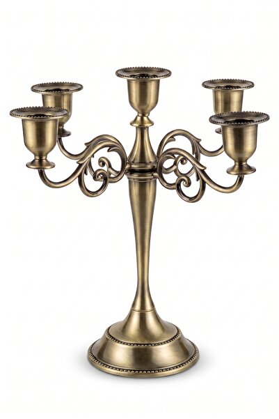 RASHA COLLECTION 5 Kollu Eskitme Gold Şamdan Dekoratif Mumluk