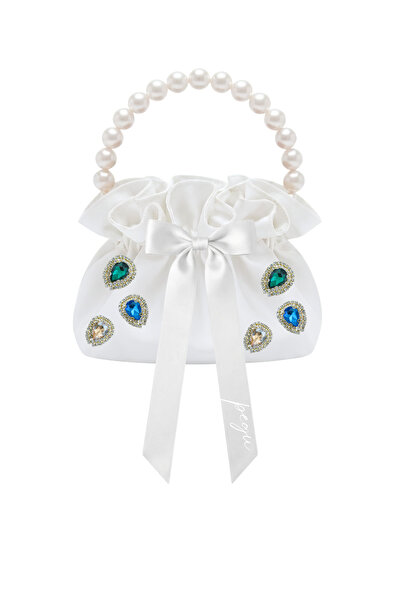 pegu baby collection White Cotton Satin Bag, with Crystal Glass Stone Decorat...