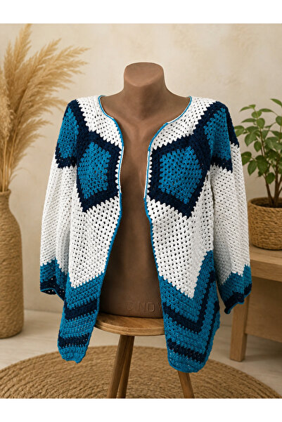 El Örgüsü Granny Square Hırka Kadın Triko Hırka Beyaz Mavi