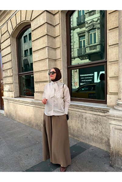JESSE STORY Kadın Çizgili Yaka Detaylı Gömlek Oversize Kalıp 65 cm Gömlek KOD...