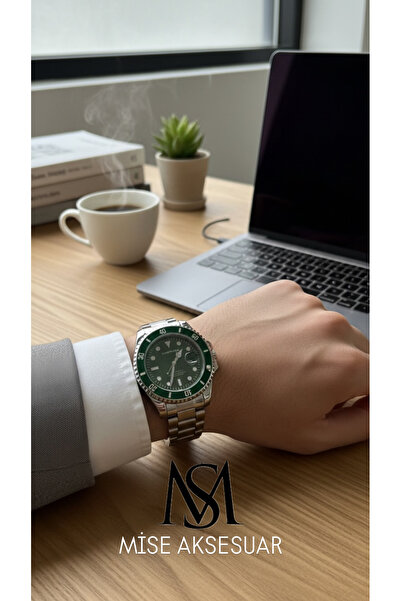 Mise Aksesuar Inside Green Silver Color Men Wrist Watch Premium Non Tarnish S...