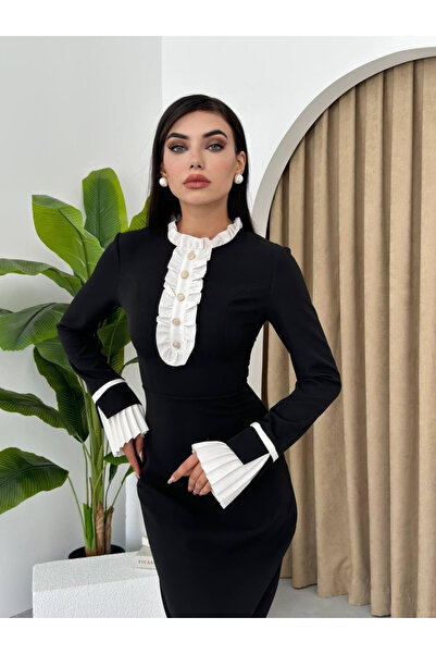 Moda Days فستان نسائي أسود طويل الأكمام بطول متوسط مع تفاصيل كشكشة وأكمام متب...