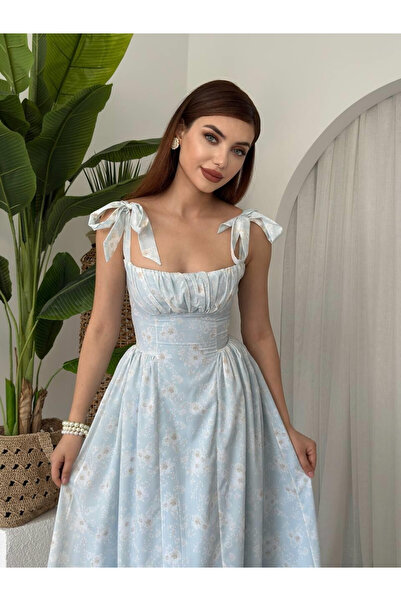 Moda Days فستان نسائي أزرق بحزام كتف وطبعة زهور وياقة مربعة متوسطة الطول