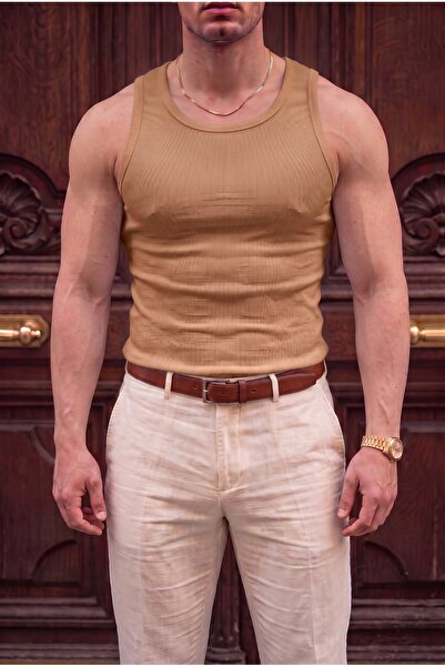 Teenage Millionaire Men's mustard colored halter neck ribbed lycra tank top