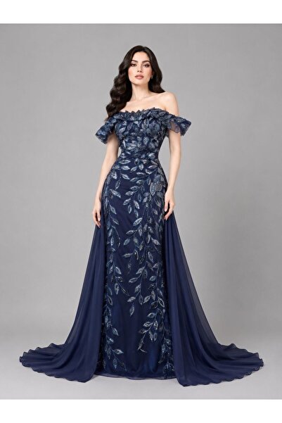 ranin Navy Blue Evening Dress with Mikado Klosh Tail Embroidery
