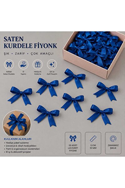 Saks Mavisi Saten Kurdele Fiyonk Süsleme Aksesuarı Dekoratif Fiyonk 50 Adet 10mm El Yapımı