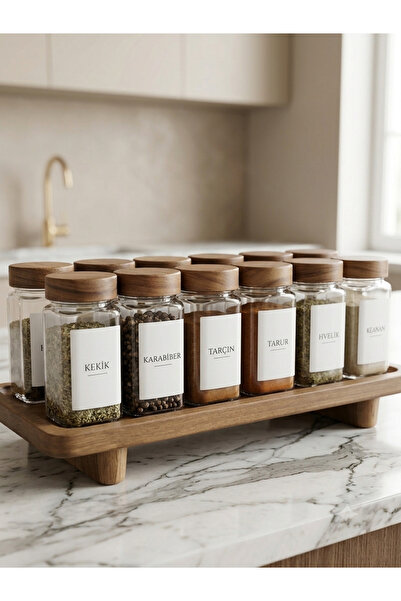 Dia 12-Piece Glass Spice Jar Set with Acacia Lid and Wooden Stand 125 ml